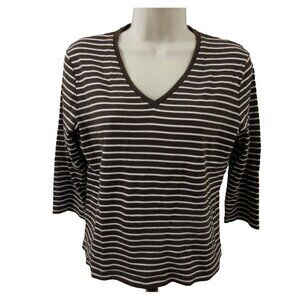 Jones New York Sport T-Shirt Petite Medium Striped Brown White V-Neck 3/4 Sleeve